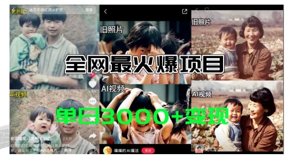 全网爆火的AI让老照片动起来教程，蹭热点日赚3k+，内含免费工具一键可生成【揭秘】-万象聊项目