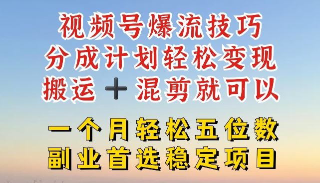 视频号爆流技巧，分成计划轻松变现，搬运 +混剪就可以，一个月轻松五位数稳定项目【揭秘】-万象聊项目