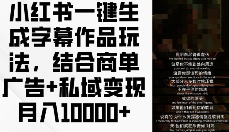 小红书一键生成字幕作品玩法，结合商单广告+私域变现月入1w+【揭秘】-万象聊项目