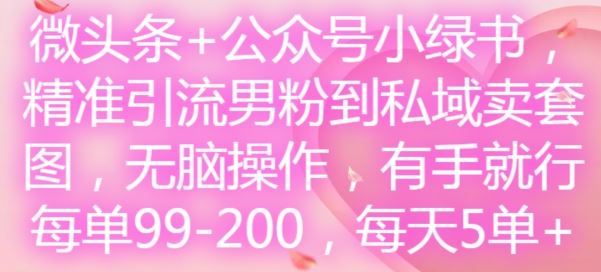 微头条+公众号小绿书，精准引流男粉到私域卖套图，无脑操作，有手就行，每单99-200，每天5单-万象聊项目