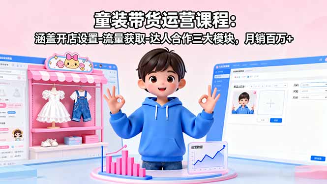 童装带货运营课程：涵盖开店设置-流量获取-达人合作三大模块，月销百万+-万象聊项目