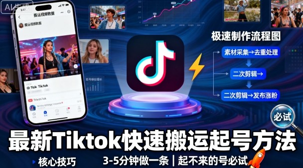 最新Tiktok快速搬运快速起号方法，3-5分钟做一条，起不来的号可以试试-万象聊项目