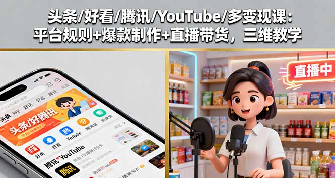 头条/好看/腾讯/YouTube/多变现课：平台规则+爆款制作+直播带货，三维教学-万象聊项目