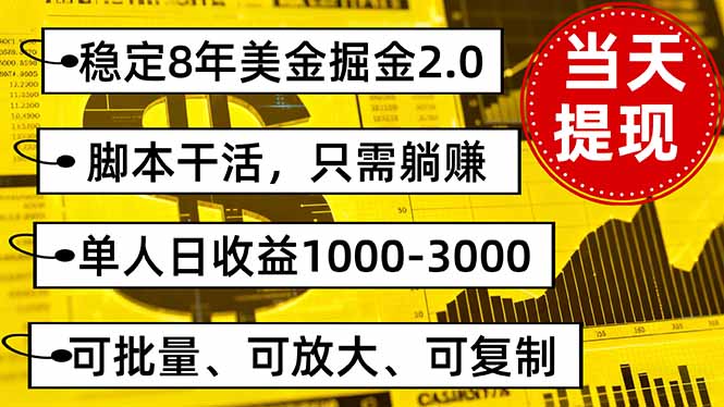 稳定8年美金掘金2.0脚本干活，只需躺赚。单人日收益1000-3000可批量、…-万象聊项目