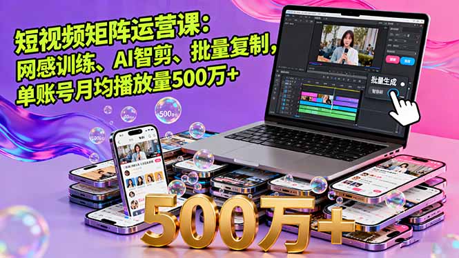 短视频矩阵运营课：网感训练、AI智剪、批量复制，单账号月均播放量500万+-万象聊项目