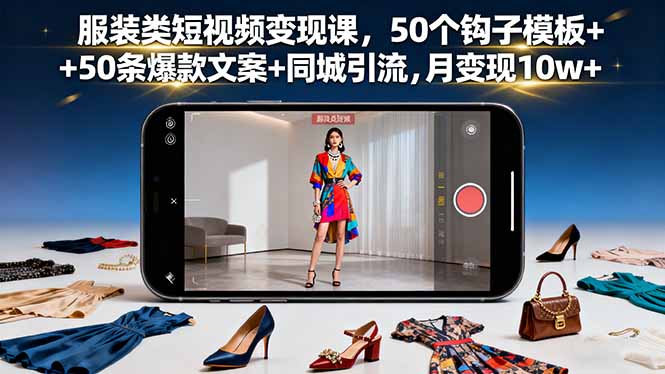 服装类短视频变现课，50个钩子模板+50条爆款文案+同城引流，月变现10w+-万象聊项目