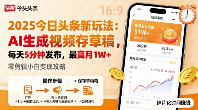 2025年今日头条躺賺新玩法，AI生成视频存草稿，每天5分钟发布，最高月1W+【揭秘】-万象聊项目