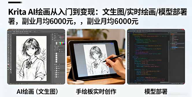 Krita AI绘画从入门到变现：文生图/实时绘画/模型部署，副业月均6000元-万象聊项目