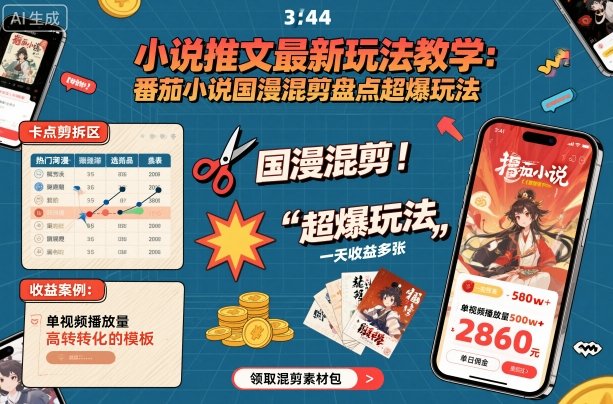 小说推文最新玩法教学，番茄小说国漫混剪盘点超爆玩法，全程干货，一天收益多张-万象聊项目