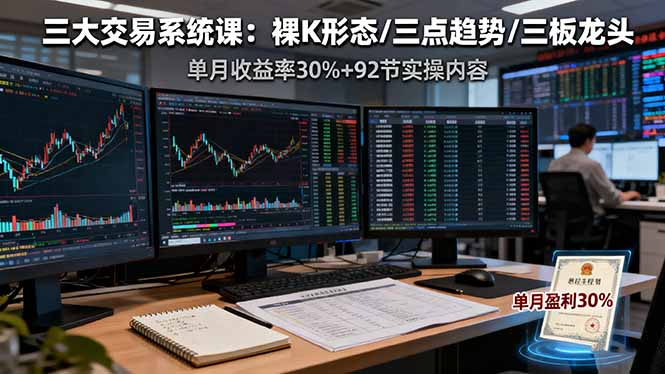 三大交易系统课：裸K形态/三点趋势/三板体系，单月收益率30%+92节实操内容-万象聊项目