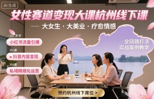 女性赛道变现大课杭州线下，大女生，大美业，疗愈情感，一套小红书、抖音、私域全链路打法-万象聊项目