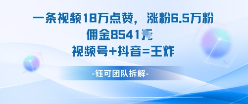 一条视频18W点赞，涨粉6.5W粉佣金8541米，视频号+抖音=王炸-万象聊项目