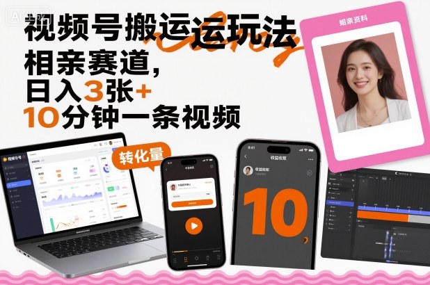 视频号搬运玩法，相亲赛道，日入3张+，10分钟一条视频-万象聊项目