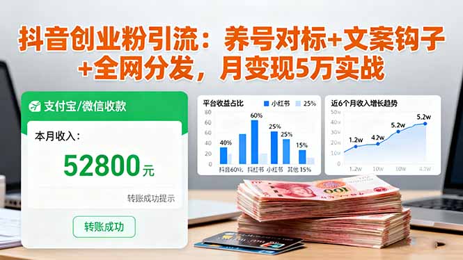 抖音创业粉引流：养号对标+文案钩子+全网分发，月变现5万实战-万象聊项目