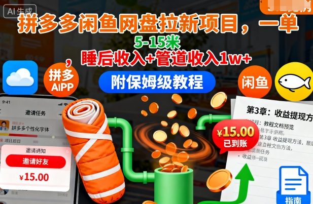 拼多多闲鱼网盘拉新项目，一单5-15米，睡后收入+管道收入1w+(附保姆级教程)-万象聊项目