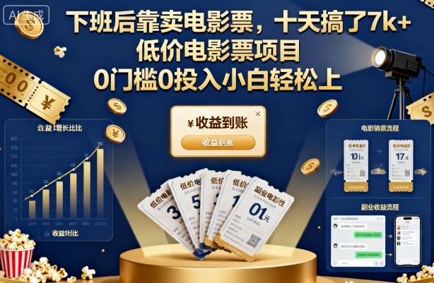 下班后靠卖电影票，十天搞了7k+，低价电影票项目，0门槛0投入小白轻松上手【揭秘】-万象聊项目