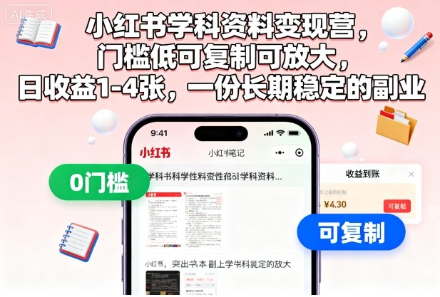 小红书学科资料变现营，门槛低可复制可放大，日收益1-4张，一份长期稳定的副业-万象聊项目