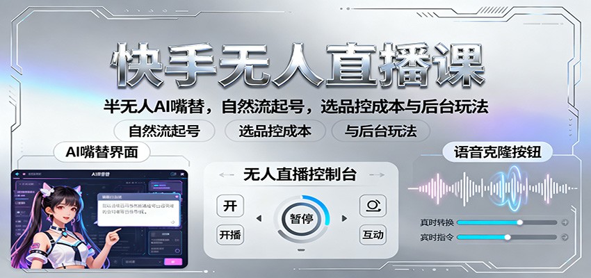 快手无人直播课：半无人AI嘴替，自然流起号，选品控成本与后台玩法-万象聊项目