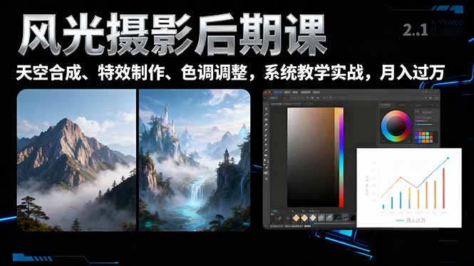 风光摄影后期课，一键换天空合成、特效制作、色调调整，月入过万-万象聊项目