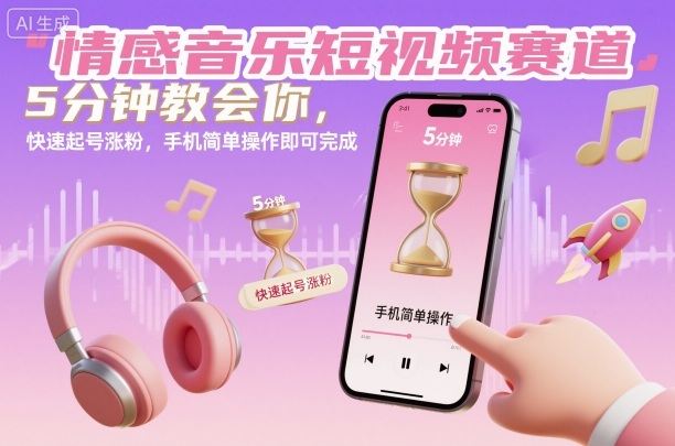 情感音乐短视频赛道，5分钟教会你，快速起号涨粉，手机简单操作即可完成-万象聊项目