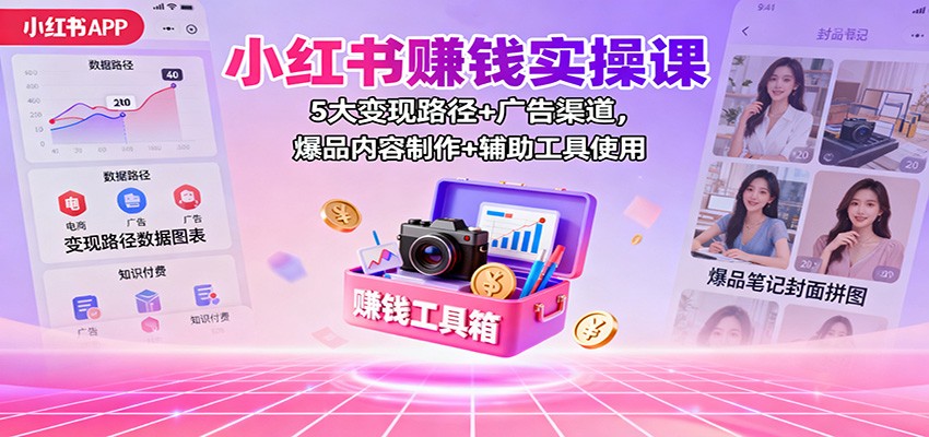 小红书赚钱实操课：5大变现路径+广告渠道，爆品内容制作+辅助工具使用-万象聊项目