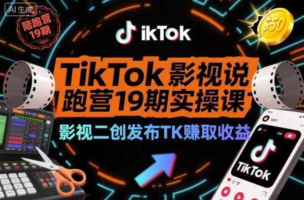 TikTok影视解说陪跑营19期实操课，影视二创发布TK賺取收益，万播收益50美金-万象聊项目