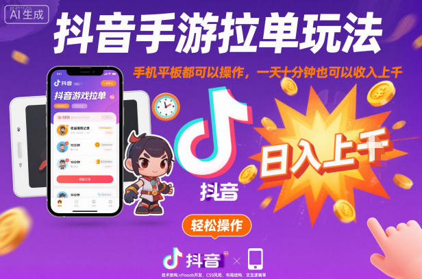 抖音手游拉单玩法，手机平板都可以操作，一天十分钟也可以收入上K【揭秘】-万象聊项目