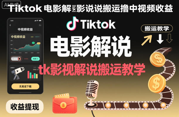 Tiktok电影解说搬运撸中视频收益，tk影视解说搬运教学-万象聊项目