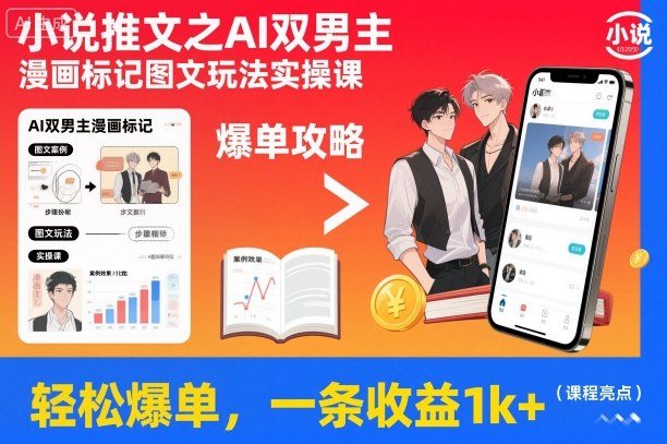 小说推文之AI双男主漫画标记图文玩法实操课，轻松爆单，一条收益1k+-万象聊项目