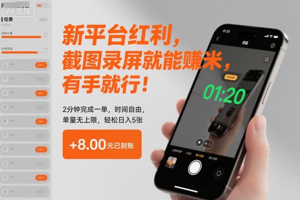 新平台红利，截图录屏就能賺米，有手就行！2分钟完成一单，时间自由，单量无上限，轻松日入5张【揭秘】-万象聊项目