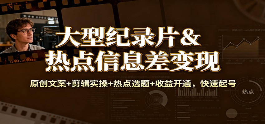 大型纪录片&热点信息差变现：原创文案+剪辑实操+热点选题+收益开通，快速起号-万象聊项目