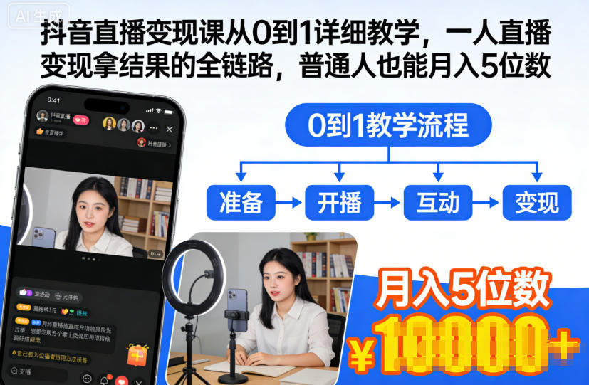 抖音直播变现课从0到1详细教学，一人直播变现拿结果的全链路，普通人也能月入5位数-万象聊项目
