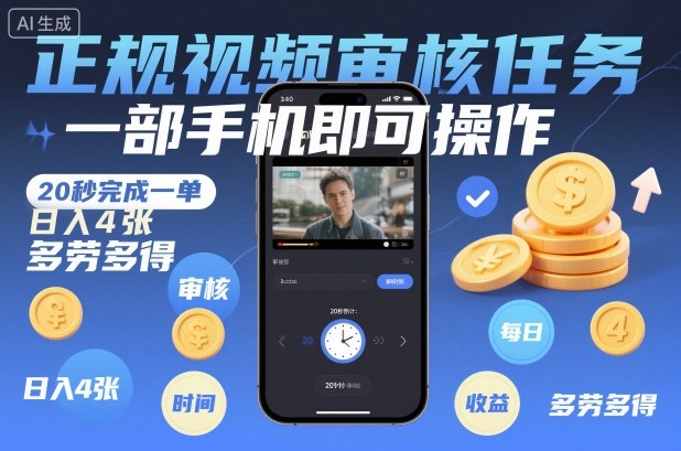 正规视频审核任务，一部手机即可操作，20秒完成一单，日入4张，多劳多得【揭秘】-万象聊项目