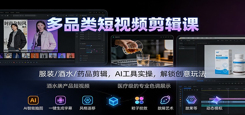 多品类短视频剪辑课：服装/酒水/药品剪辑，AI工具实操，解锁创意玩法-万象聊项目