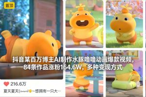 抖音某百万博主AI制作水豚噜噜动画爆款视频,84条作品涨粉164.6W,多种变现方式-万象聊项目