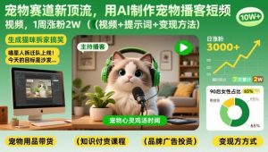 宠物赛道新顶流，用AI制作宠物播客短视频，1周涨粉2W(视频+提示词+变现方法)-万象聊项目