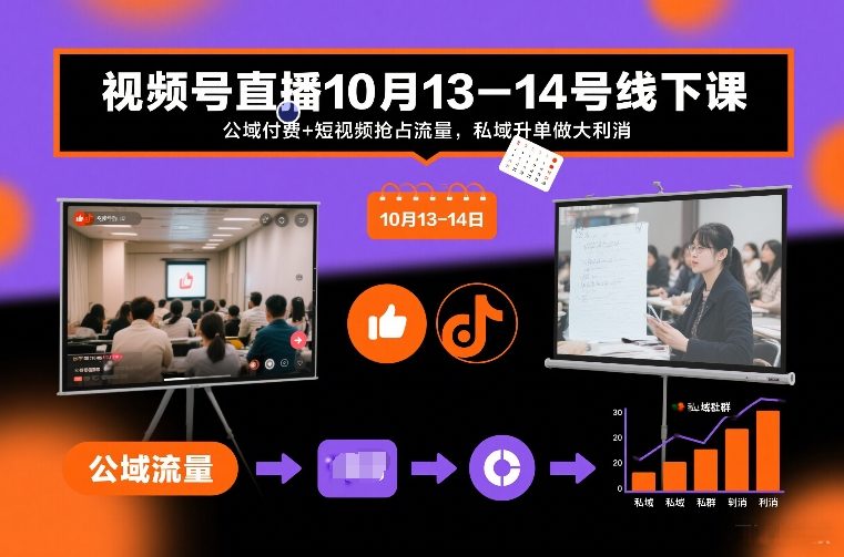 视频号直播10月13-14号线下课，公域付费+短视频抢占流量，私域升单做大利消-万象聊项目