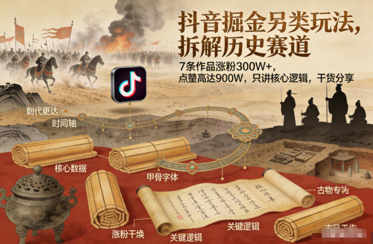 抖音掘金另类玩法，拆解历史赛道，7条作品涨粉300W+，点赞量高达900W，只讲核心逻辑，干货分享-万象聊项目