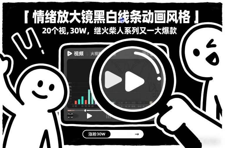 情绪放大镜黑白线条动画风格，20个视频，涨粉30W，继火柴人系列又一大爆款-万象聊项目