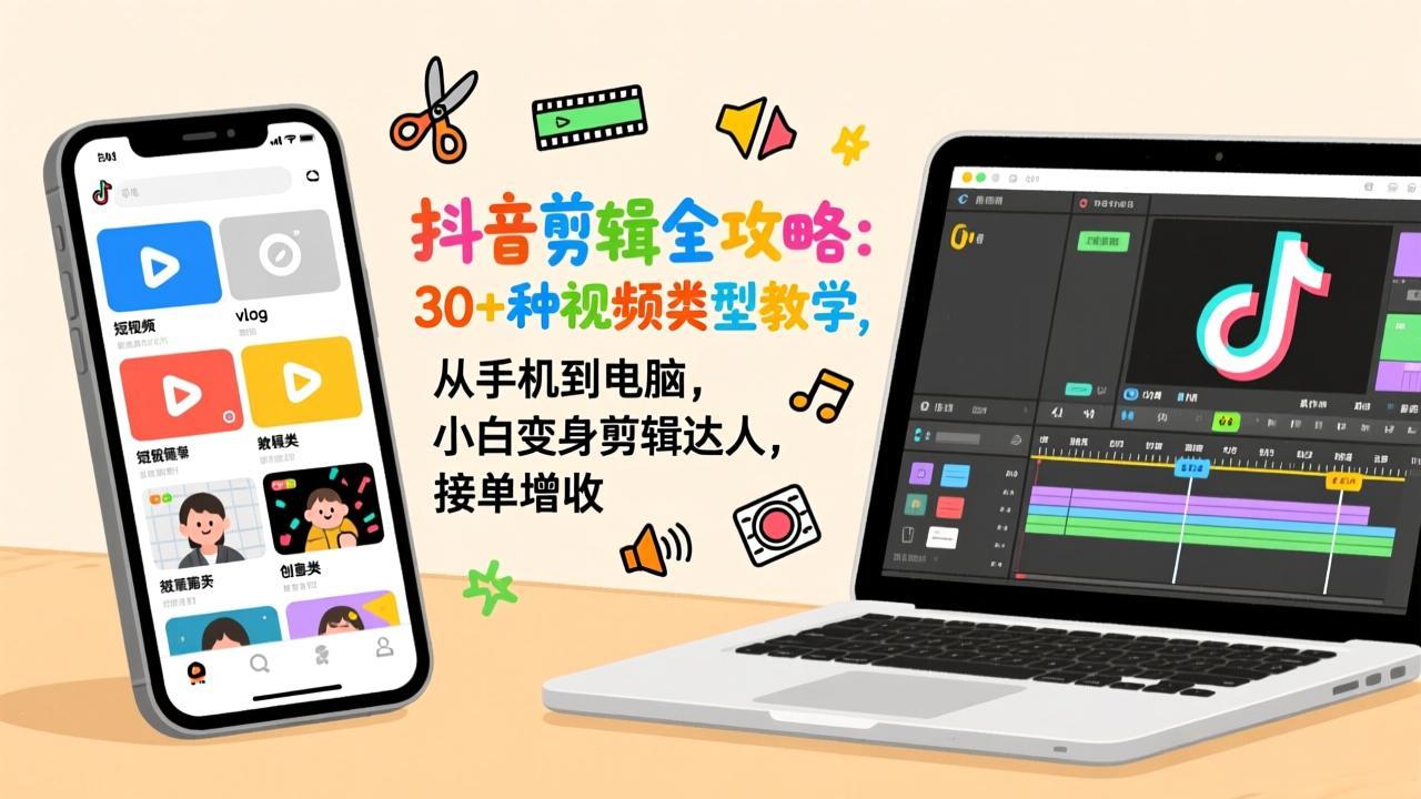 抖音剪辑全攻略：30+种视频类型教学，从手机到电脑，小白变身剪辑达人，接单增收-万象聊项目