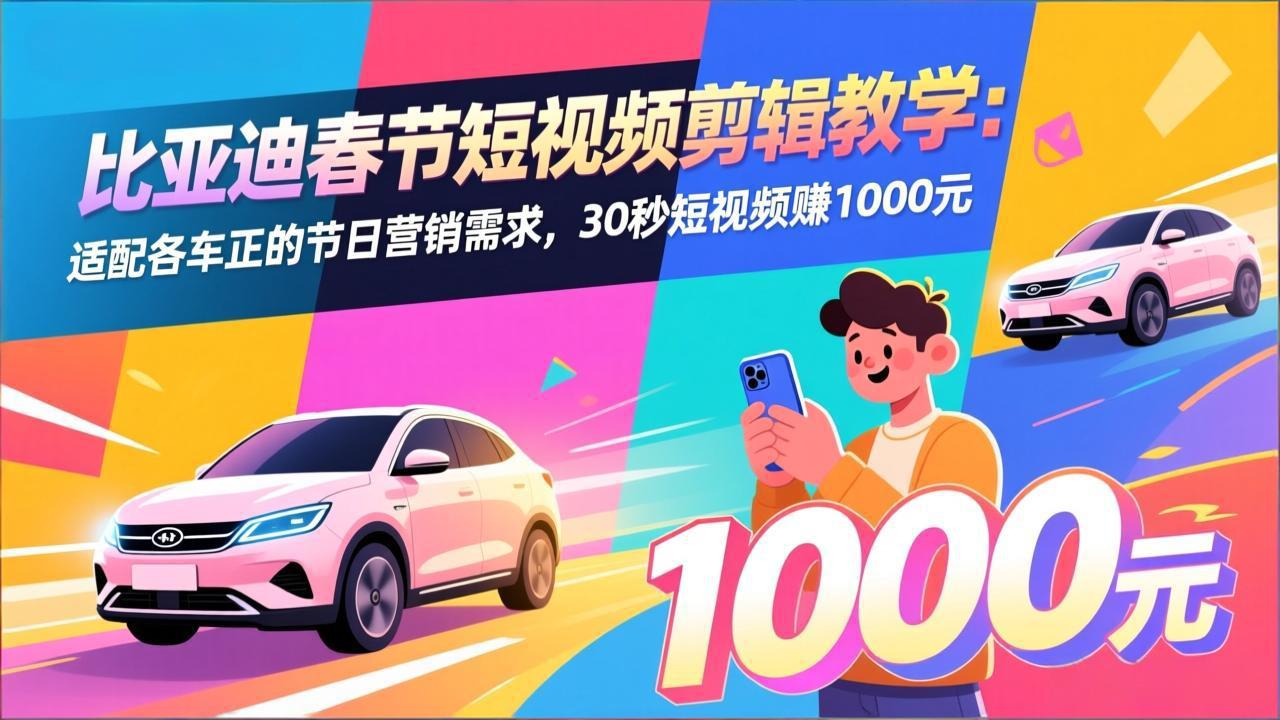 比亚迪春节短视频剪辑教学：适配各车企的节日营销需求，30秒短视频赚1000元-万象聊项目