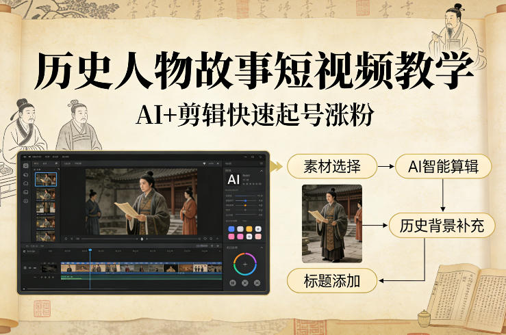 历史人物故事短视频教学，AI+剪辑制作历史人物题材短视频，快速起号涨粉-万象聊项目