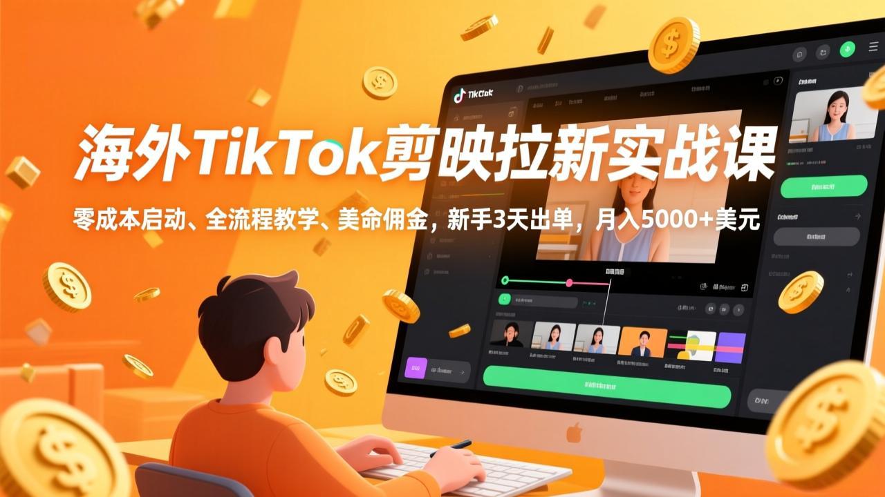 海外TikTok剪映拉新实战课，零成本启动、全流程教学、美金佣金，新手3天出单，月入5000+美元-万象聊项目