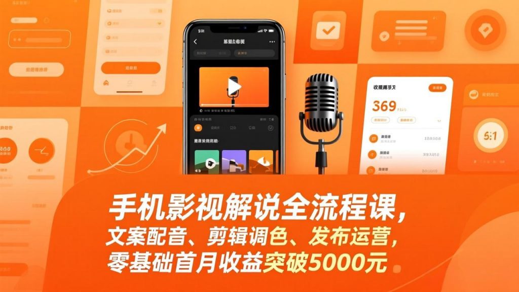 手机影视解说全流程课，文案配音、剪辑调色、发布运营，零基础首月收益突破5000元-万象聊项目