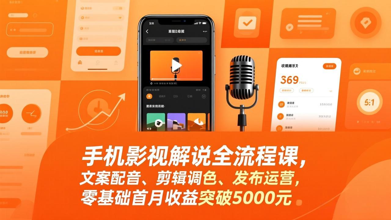 手机影视解说全流程课，文案配音、剪辑调色、发布运营，零基础首月收益突破5000元-万象聊项目