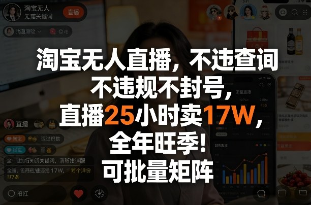 淘宝无人直播，不违规不封号，直播25小时卖17W，全年旺季！可批量矩阵【揭秘】-万象聊项目