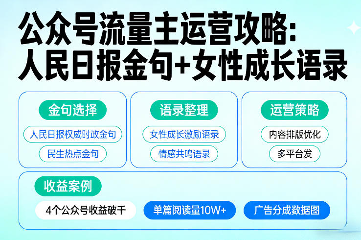 利用人民日报金句+女性成长语录做公众号流量主，4个公众号收益破千-万象聊项目