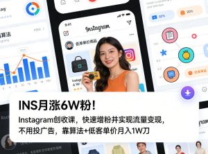 INS月涨6W粉！Instagram创收课，快速增粉并实现流量变现，不用用投广告，靠算法+低客单价月入1W刀-万象聊项目