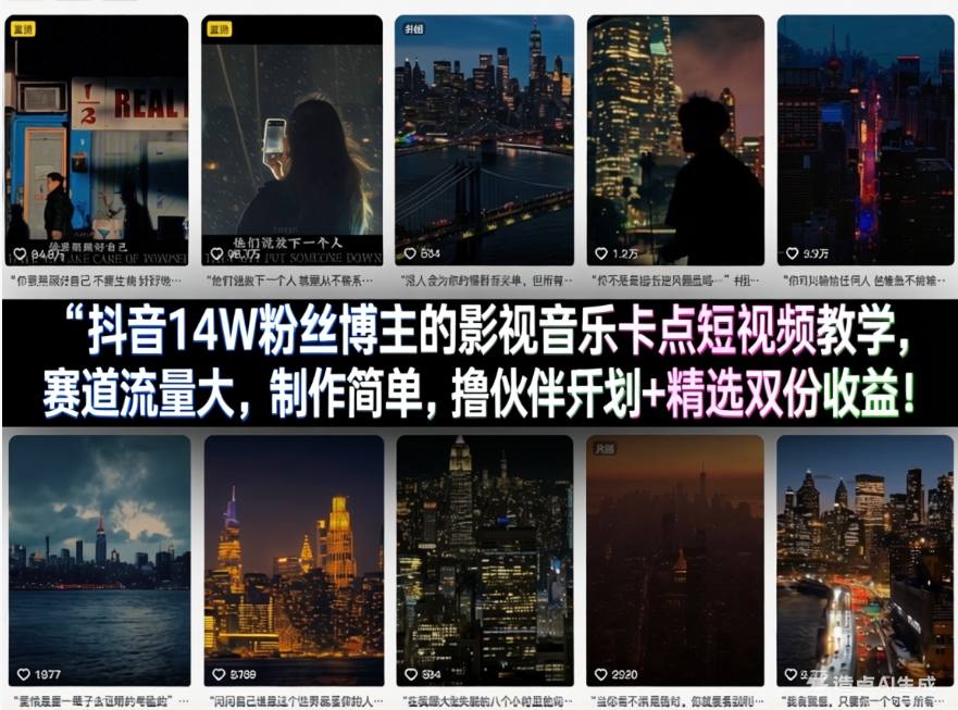 抖音14W粉丝博主的影视音乐卡点短视频教学，赛道流量大，制作简单，撸伙伴计划+精选双份收益！-万象聊项目