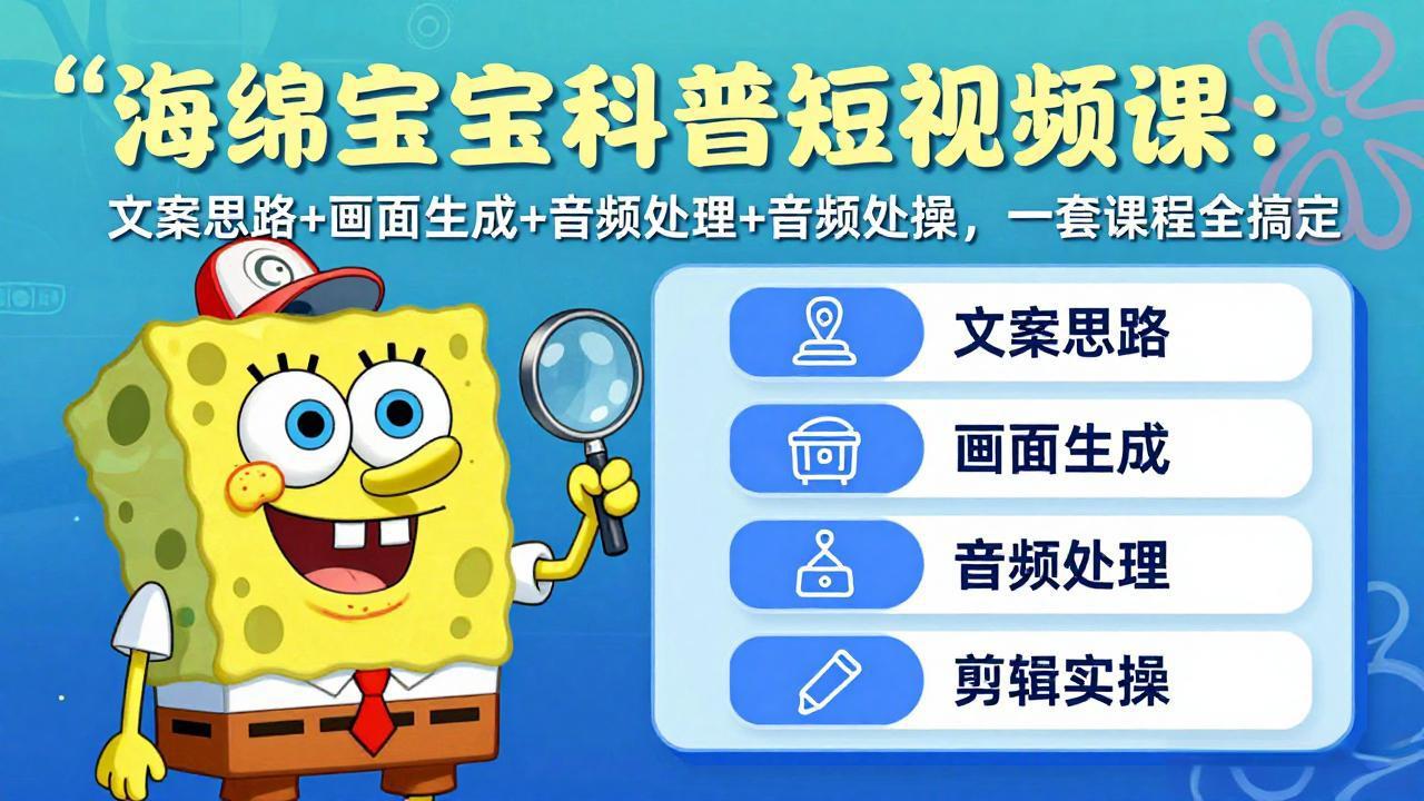 海绵宝宝科普短视频课：文案思路+画面生成+音频处理+剪辑实操，一套课程全搞定-万象聊项目